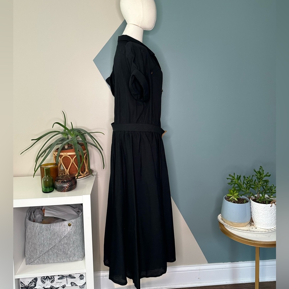 Vintage G Collection Black Cotton Shirt Dress USA 18 Belted Midi Fit & Flare - Picture 4 of 13